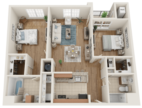 Floor plan for 2 beds, 2 baths, 1133 sqft